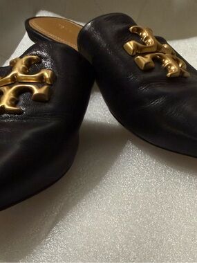 Tory Burch Black Leather Pointed-Toe Logo Mules with Gold Emblem